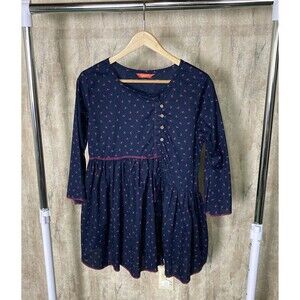 Chhaya Flamingo Print Cotton Blouse Size Large Navy Blue & Pink Boho Buttons EUC